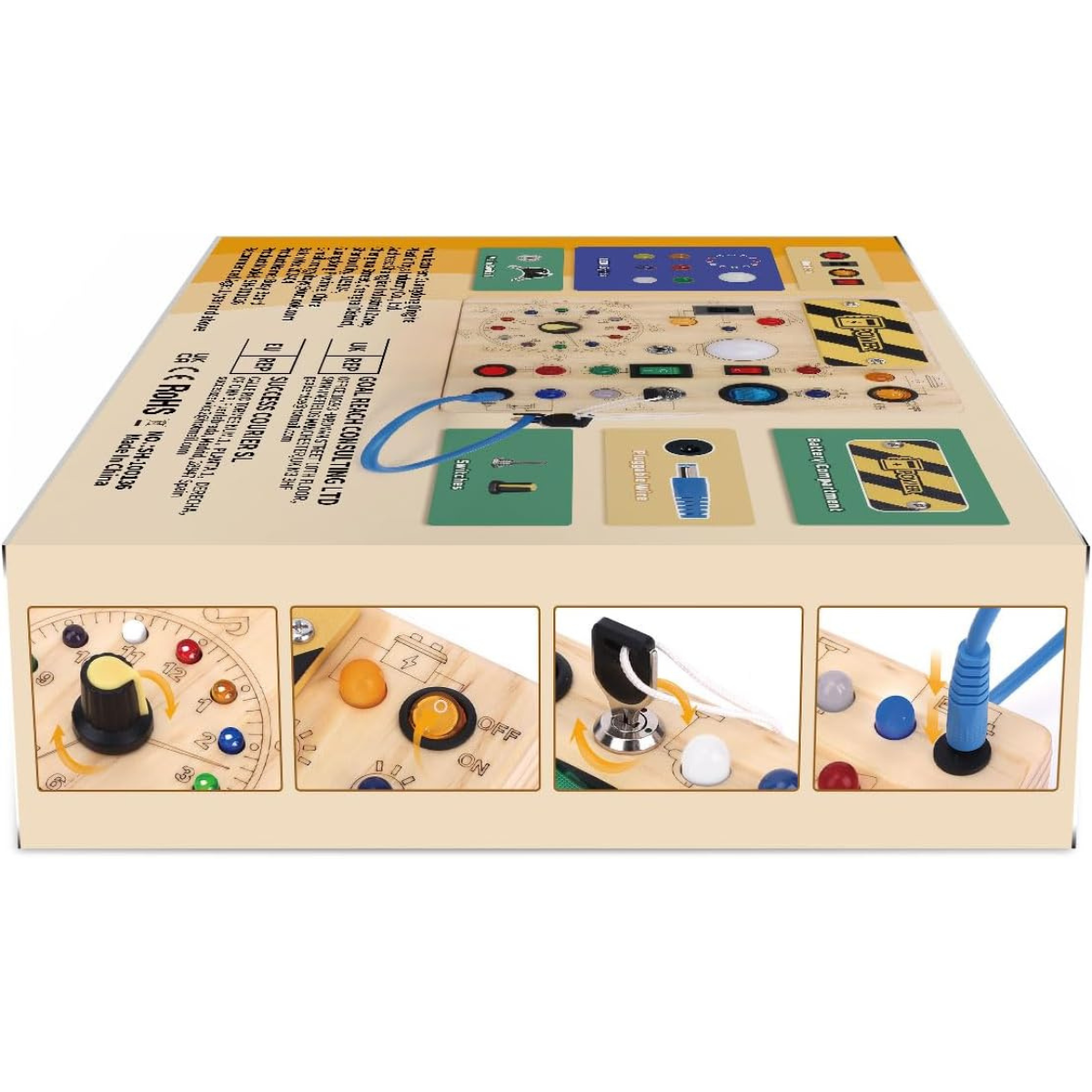 Ξύλινο Busy Board Montessori – Διαδραστικό Παιχνίδι Αισθητηριακής Ανάπτυξης με Διακόπτες & LED για Νήπια (1–3 ετών)