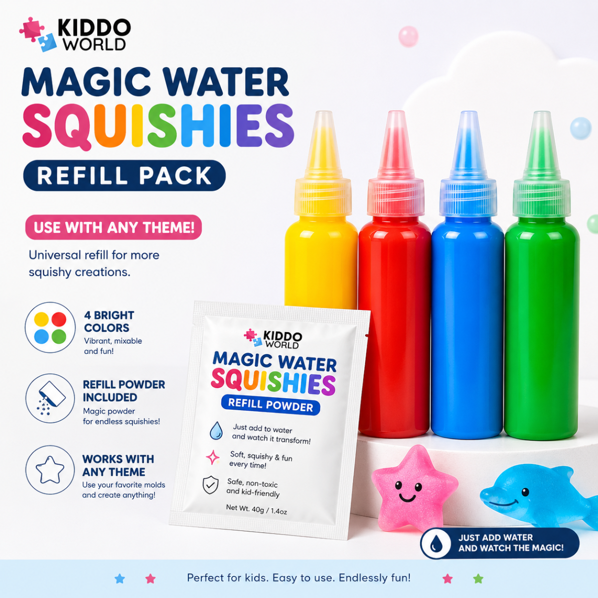 Magic Water Squishy Refill Pack – Ανταλλακτικό 4 χρώματα + 1 μαγική σκόνη (Συμβατό με όλα τα σετ, 3+ ετών)