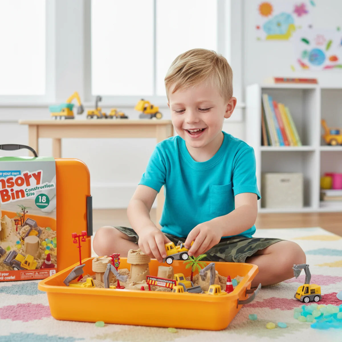 Αισθητηριακό σετ με μαγνητική άμμο & φωσφορίζοντα πετραδάκια | Εργοτάξιο & εκσκαφείς