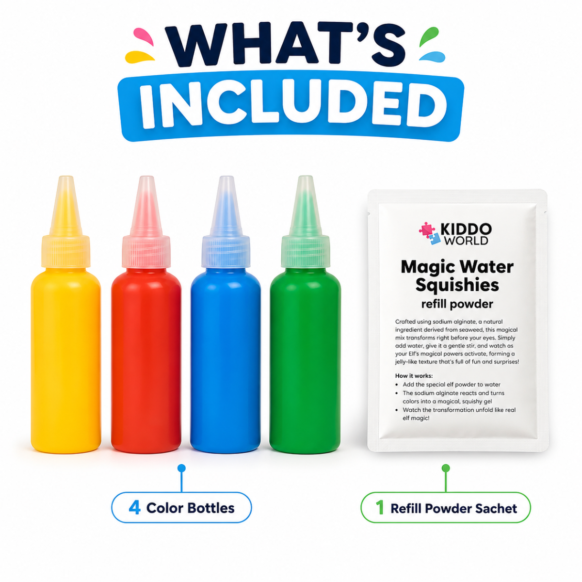 Magic Water Squishy Refill Pack – Ανταλλακτικό 4 χρώματα + 1 μαγική σκόνη (Συμβατό με όλα τα σετ, 3+ ετών)