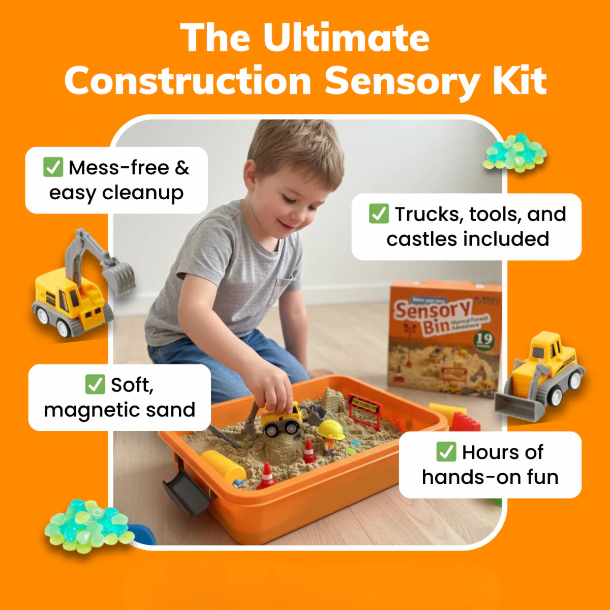 Αισθητηριακό σετ με μαγνητική άμμο & φωσφορίζοντα πετραδάκια | Εργοτάξιο & εκσκαφείς