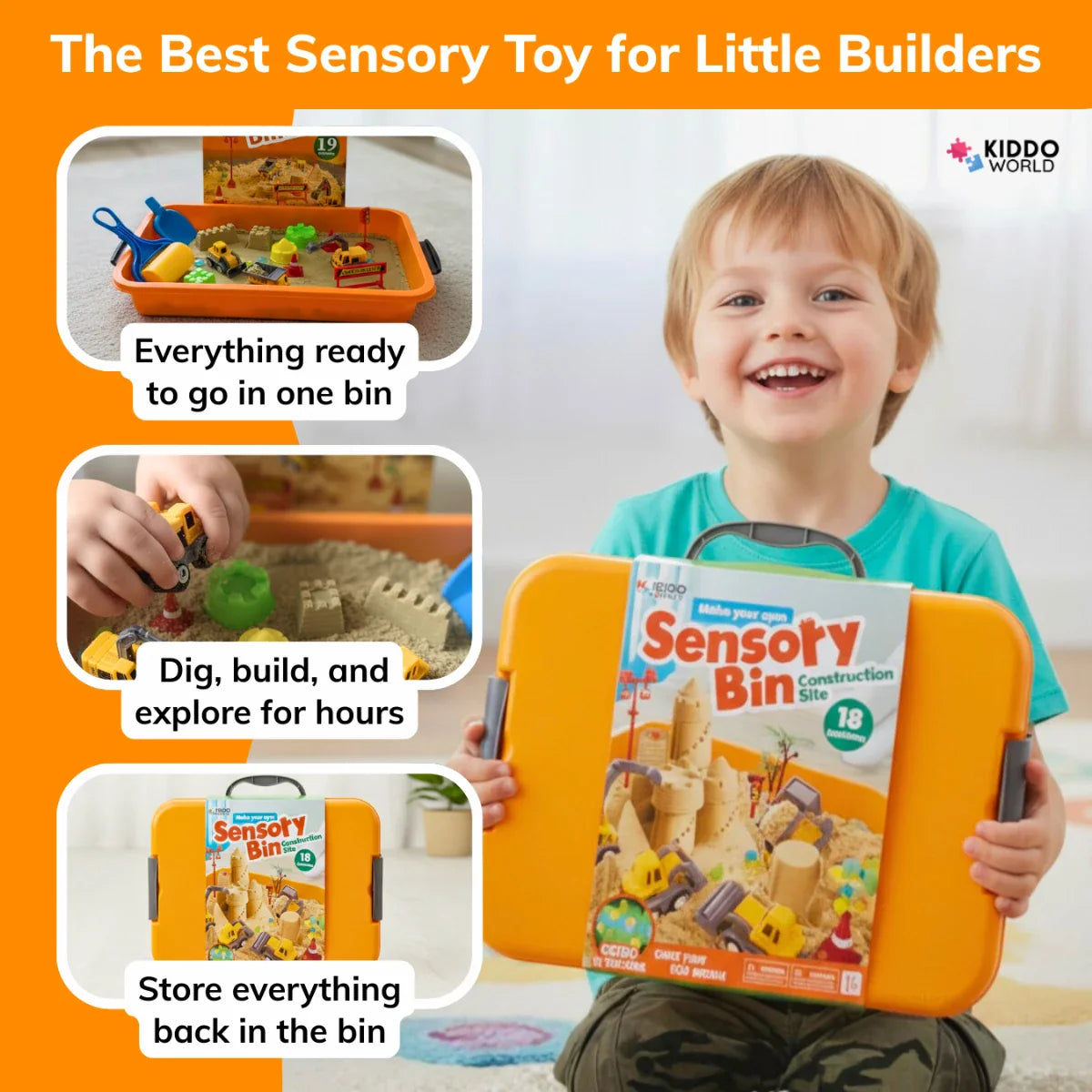 Αισθητηριακό box: Εργοτάξιο – σετ με κινητική άμμο, φωσφορίζοντα πετραδάκια και οχήματα κατασκευών (3+ ετών)