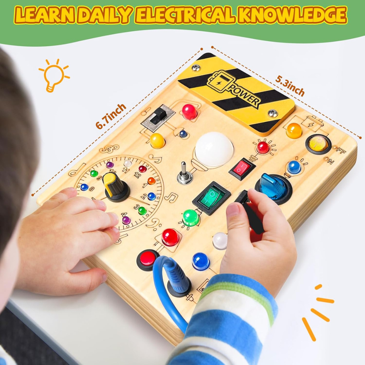 Ξύλινο Busy Board Montessori – Διαδραστικό Παιχνίδι Αισθητηριακής Ανάπτυξης με Διακόπτες & LED για Νήπια (1–3 ετών)