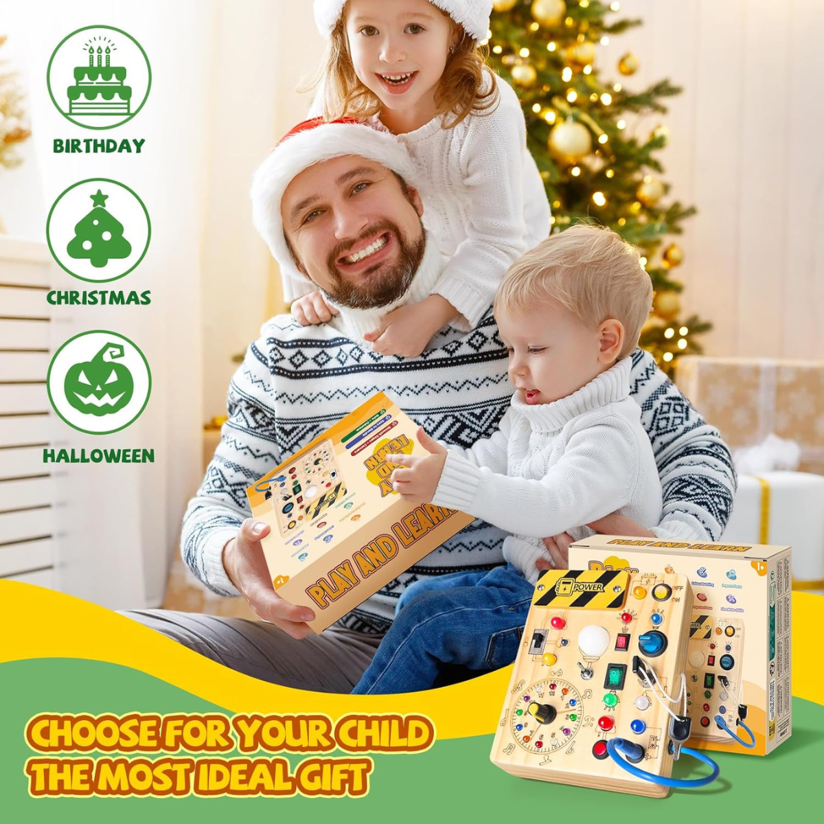 Ξύλινο Busy Board Montessori – Διαδραστικό Παιχνίδι Αισθητηριακής Ανάπτυξης με Διακόπτες & LED για Νήπια (1–3 ετών)