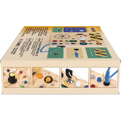 Ξύλινο Busy Board Montessori – Διαδραστικό Παιχνίδι Αισθητηριακής Ανάπτυξης με Διακόπτες & LED για Νήπια (1–3 ετών)