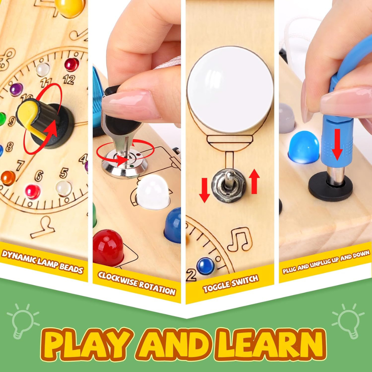 Ξύλινο Busy Board Montessori – Διαδραστικό Παιχνίδι Αισθητηριακής Ανάπτυξης με Διακόπτες & LED για Νήπια (1–3 ετών)