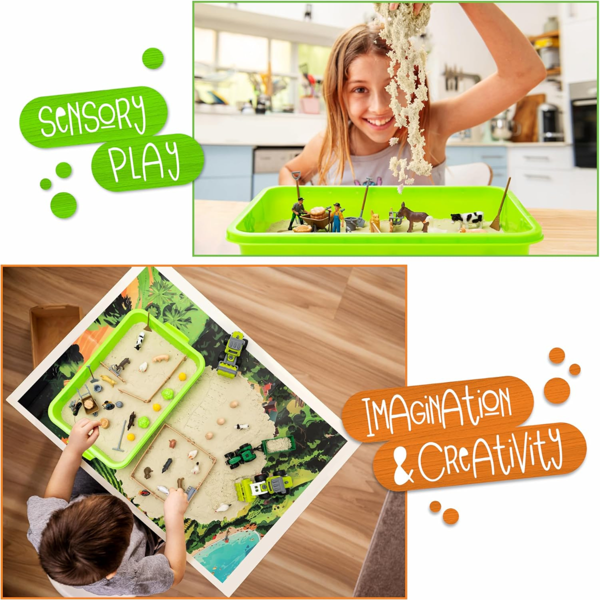 Kinetic Sand - Farm Κατασκευαστικό Παιχνίδι – Φορητό Πτυσσόμενο Κάδος με Γερανό, Φορτηγό και 2 κιλά Αισθητηριακής Άμμου (Για ηλικίες 3+)