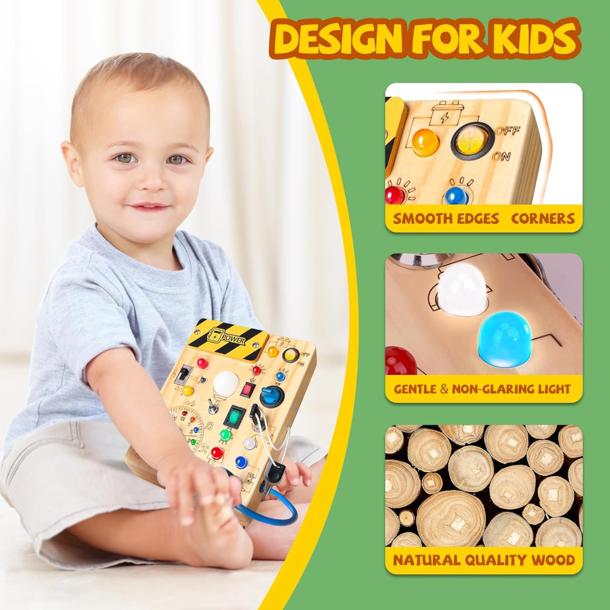 Ξύλινο Busy Board Montessori – Διαδραστικό Παιχνίδι Αισθητηριακής Ανάπτυξης με Διακόπτες & LED για Νήπια (1–3 ετών)