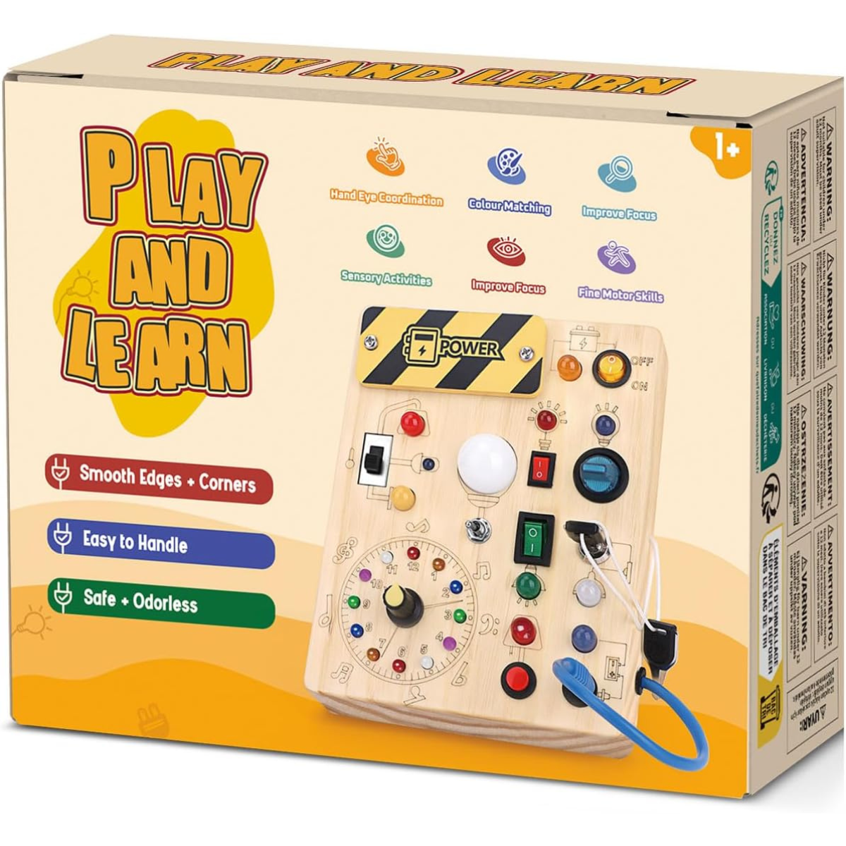 Ξύλινο Busy Board Montessori – Διαδραστικό Παιχνίδι Αισθητηριακής Ανάπτυξης με Διακόπτες & LED για Νήπια (1–3 ετών)